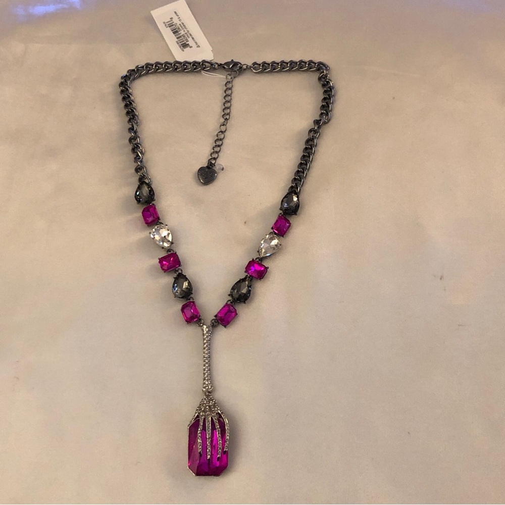 Betsey Johnson Gun Metal Tone Skeleton Hand Y Drop Pendant Necklace Crystal NWT